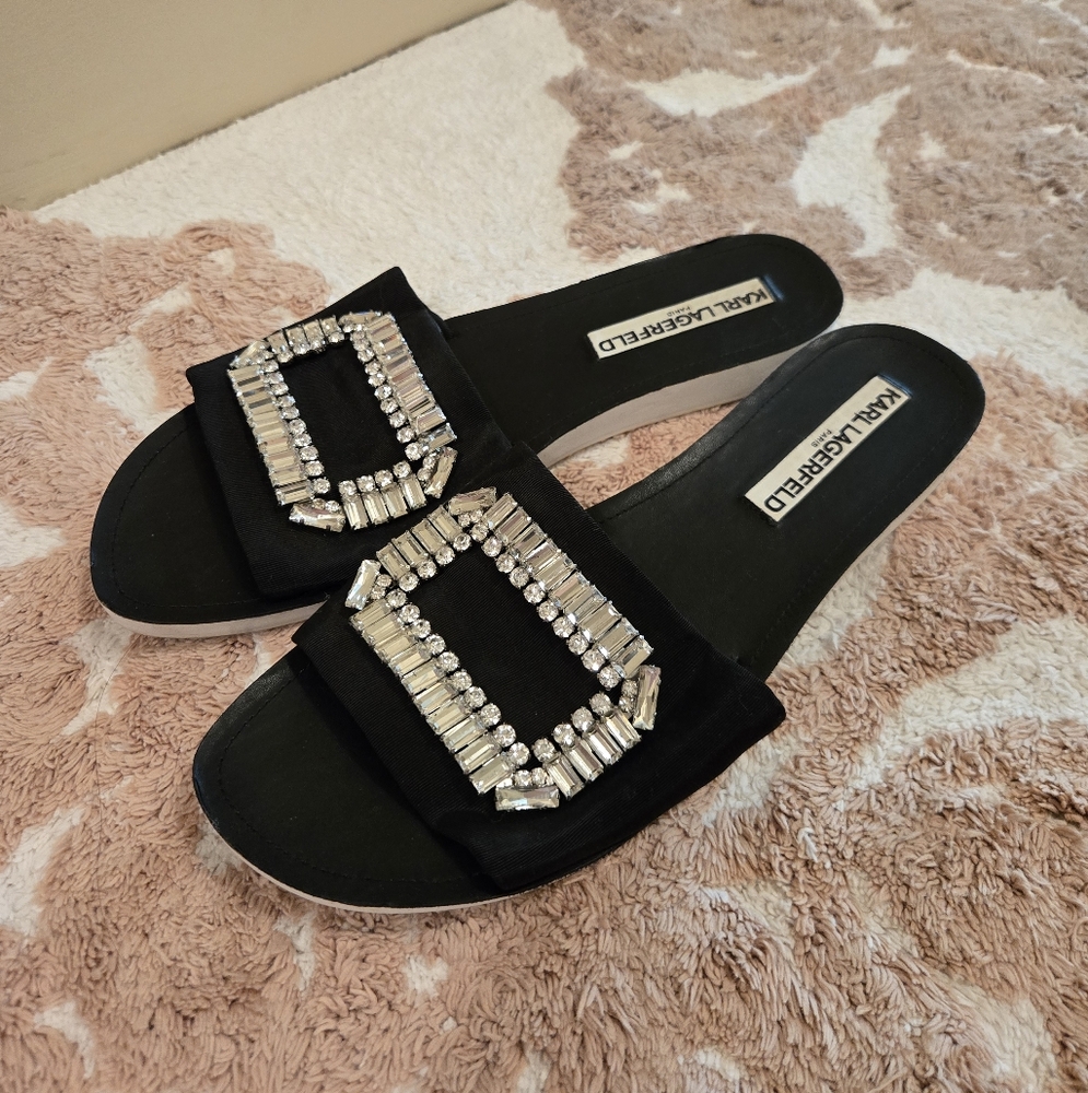 Karl Lagerfeld Black Buckle Embellished Slides Sandal Size 8